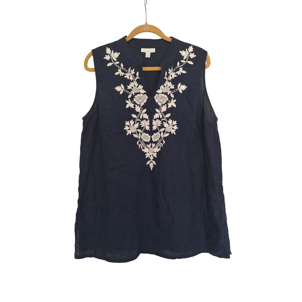 Charter Club Navy Blue 100% Linen Embroidered‎ Sleeveless Tunic Top XL Boho